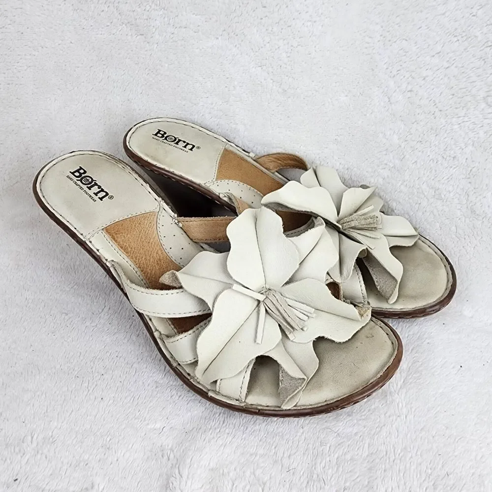 Born Womens Beige Leather Flower Heel Strappy Leather Sandal Size Us 9 Eu 40